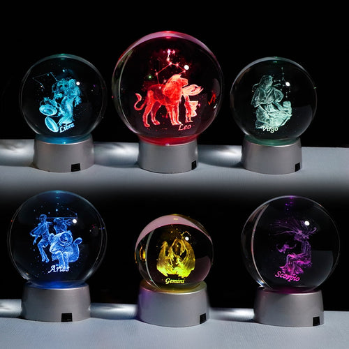 3D Zodiac Crystal Sphere with Colorful LED Light